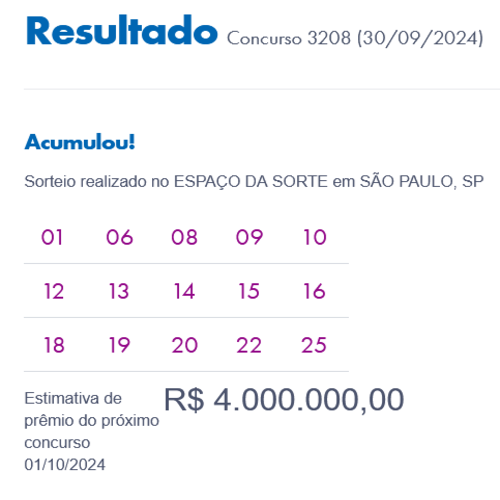 Resultado da Lotofácil 3208